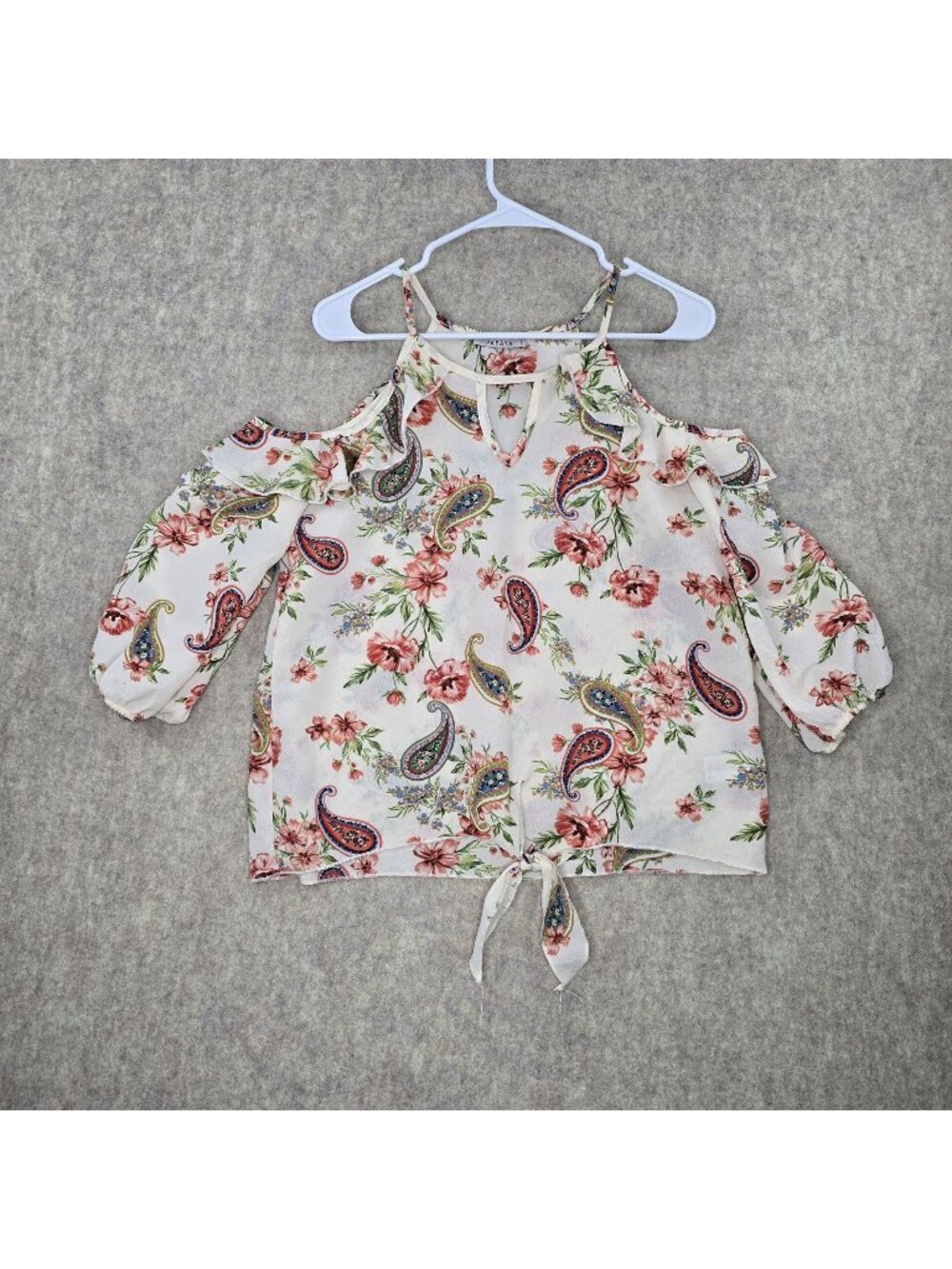 Papaya Womens Cold Shoulder Floral Blouse Ivory Multi Paisley Tie Front Medium